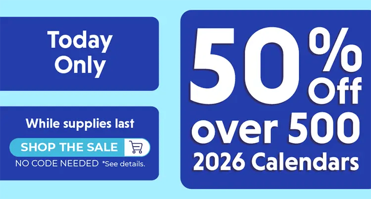 Promo banner offering 50% off over 500 select 2026 calendars, no code needed.