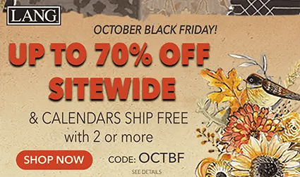 October Black Friday sale banner with graphics of a bird and fall leaves — one day only, up to 70% off sitewide plus free shipping on 2 or more calendars with code OCTBF.