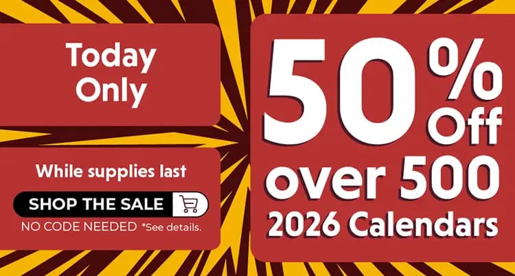 Promo banner offering 50% off on over 500 2026 calendars, no code needed.