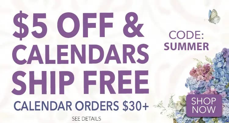 Promo banner offering $5 off + free shipping on $30 calendar orders with code SUMMER