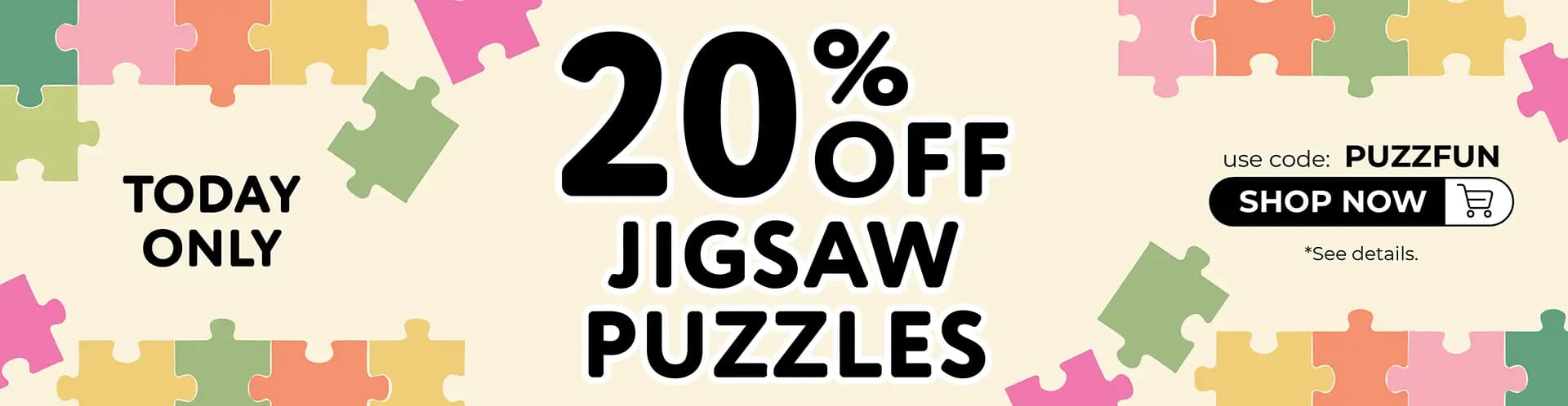 Promotional banner offering 20% off Jigsaw puzzles with code PUZZFUN – Shop Now