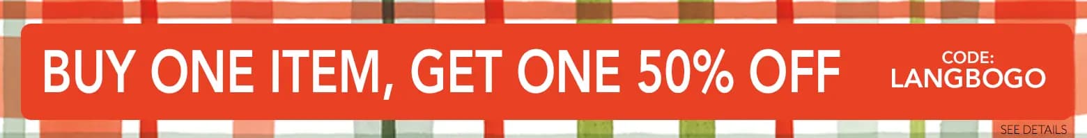 Holiday-themed banner advertising BOGO 50% off sitewide for today only using code LANGBOGO.