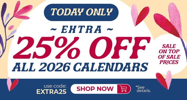 Promo banner offering extra 25% off all 2026 calendars, with code EXTRA25