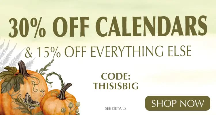 Promo banner offering 30% off calendars and 15% off everything else with code: THISISBIG
