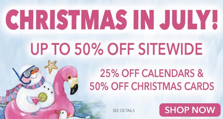 Promo banner offering up to 50% off sitewide, 25% off calendars, and 50% off Christmas Cards, no code needed