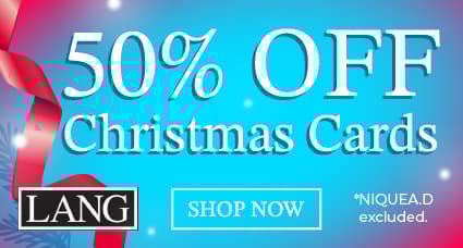 LANG holiday sale — 50% off Christmas cards with festive blue background, pink ribbon, and evergreen accents; excludes NIQUEA.D cards.