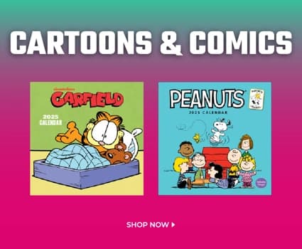 2025 Cartoons & Comics calendars featuring Peanuts, The Far Side, Maxine, and Garfield, along with classic comic illustrations. 