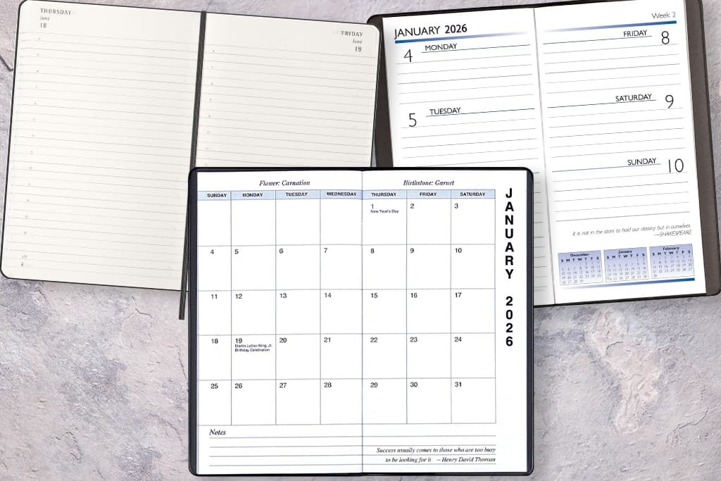 Flat lay of three open 2026 planners showing daily, weekly, and monthly layouts for January