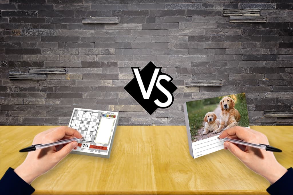 Side-by-side comparison of desk calendar layouts for left- and right-handed users, showing how calendar design impacts usability