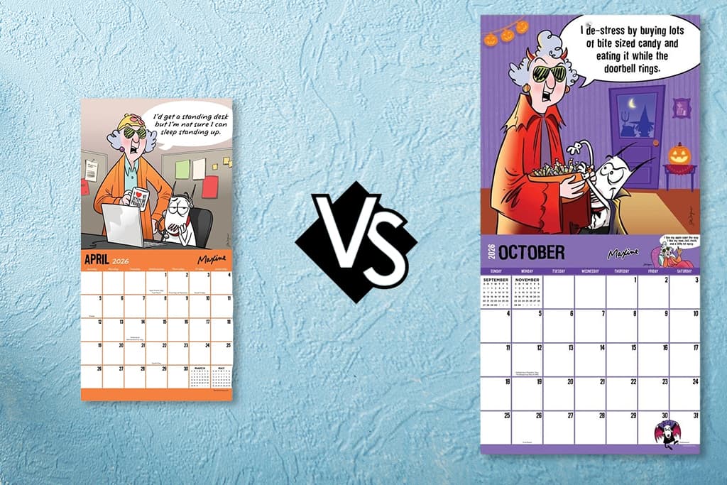 Side-by-side comparison of mini and full-size Maxine wall calendars showing layout and design differences