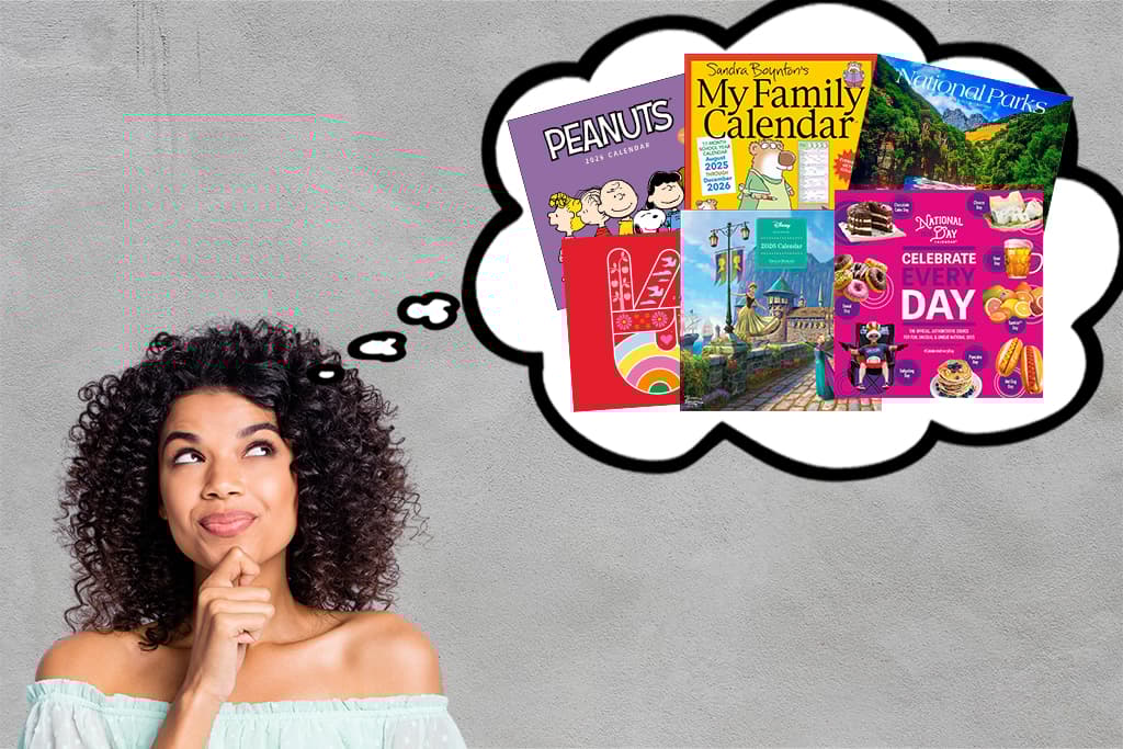 Woman thinking about popular wall calendar designs for 2026 including Peanuts, National Parks, Disney, and food-themed styles