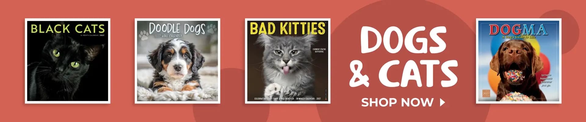Calendars.com 2027 dog and cat wall calendars featuring Black Cats, Doodle Dogs, Bad Kitties, and Dogma