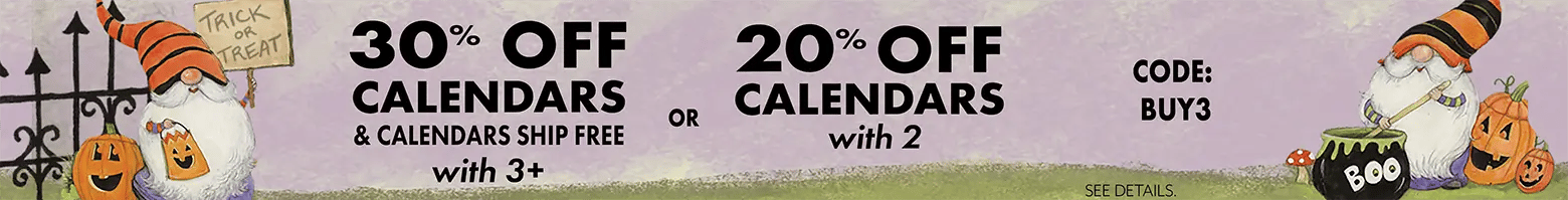 Halloween flash sale banner with gnomes stirring black cauldrons and pumpkin illustrations — buy 3 calendars for 30% off with free shipping or buy 2 calendars for 20% off using code BUY3.