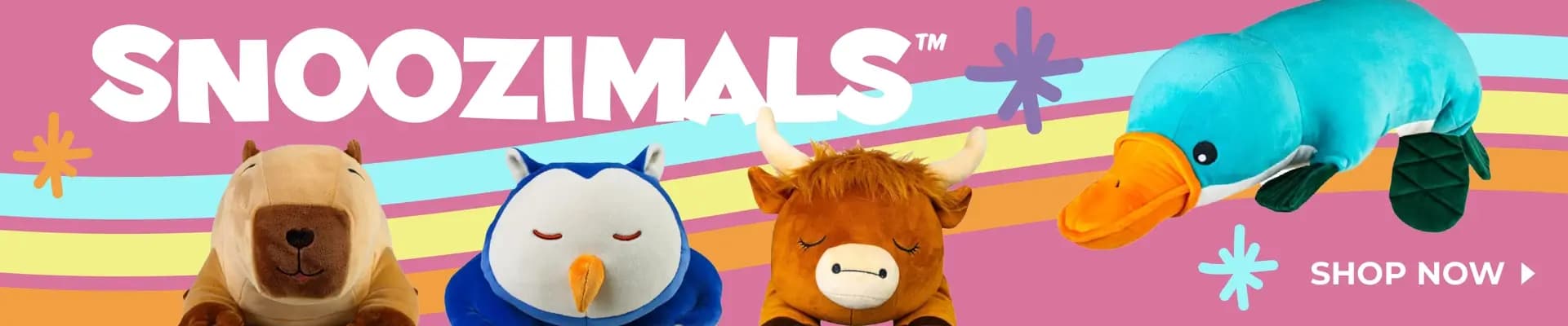 Snoozimals plush animals including a bunny, axolotl, duck, and cow on a light blue background – Shop Now