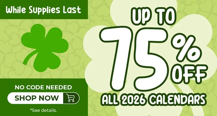 Promo banner offering up to 75% off all 2026 calendars, no code needed.