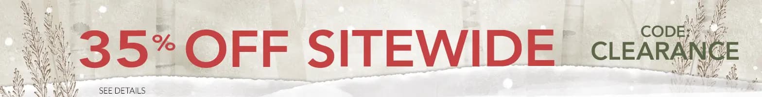 Holiday banner offering 35% off sitewide with code CLEARANCE.