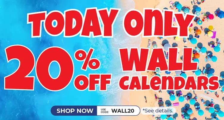 Promo banner offering 20% off wall calendars with code: WALL20