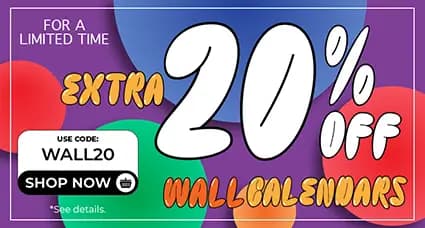 Colorful promotional banner offering extra 20% off 2025 and 2026 wall calendars with code WALL20 — limited time offer for online calendar shopping.