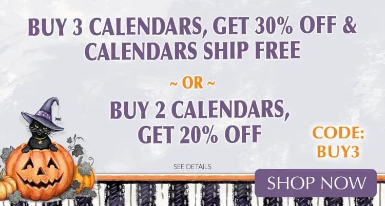 Promo banner offering a deal; buy 3 calendars get 30% off with free shipping, buy 2 calendars, get 20% off with code BUY3