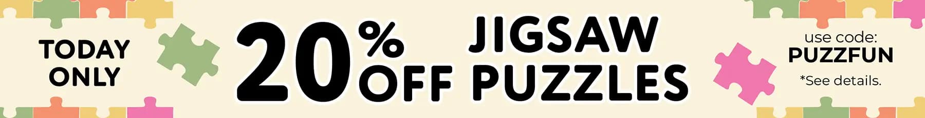 Promotional banner offering 20% off Jigsaw puzzles with code PUZZFUN – Shop Now