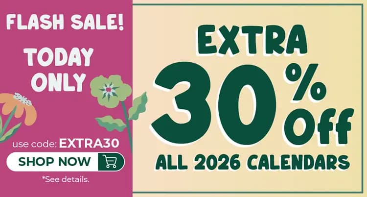 Promo banner offering extra 30% off 2026 calendars, with code EXTRA30.