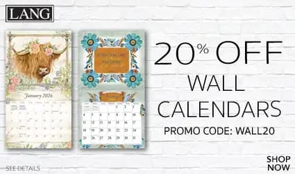 LANG 2026 wall calendars on display with floral and wildlife artwork — 20% off promotion with code WALL20, limited-time offer.