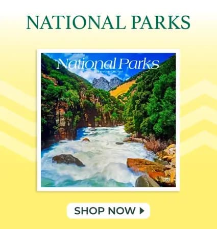 National Parks calendars featuring river rapids, Horseshoe Bend, mountain meadows, and alpine lake landscapes – Shop Now