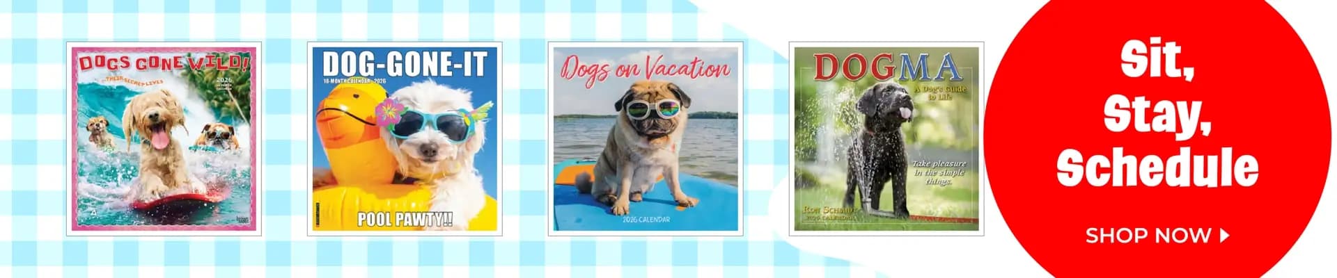 Sit, stay, schedule! Shop dog calendars featuring vacation pups, pool parties, and tail-wagging fun.