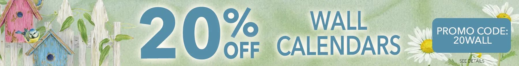 Promo banner offering extra 20% off wall calendars with code: 20WALL