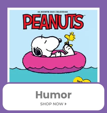 Lighthearted 2025 humor calendars, including 'Peanuts,' 'Nuns Having Fun,' 'Yelling It Like It Is,' and 'Bad Dad Jokes,' for laughs all year long.