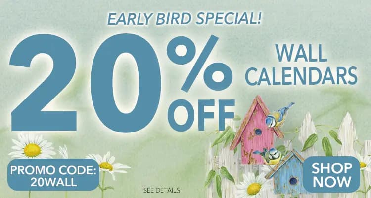 Promo banner offering 20% off Wall Calendars with code: 20WALL