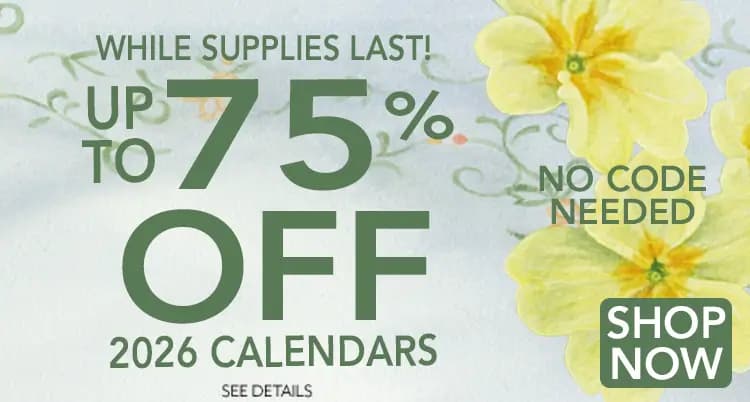 Promo banner offering up to 75% off all 2026 calendars, no code needed.