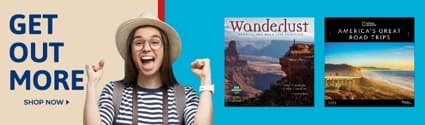 Can't Stay Bored Outdoors - Shop Now. Featuring images of a happy traveler with Wanderlust, America's Great Road Trips, Bon Voyage, and Camp Life calendars.