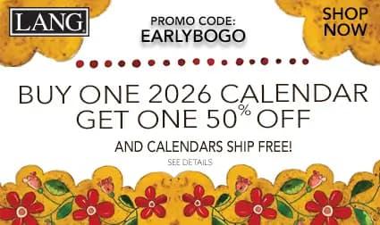 LANG banner with folk-style floral border. Text: 'Buy One 2026 Calendar, Get One 50% Off and Calendars Ship Free!' Promo code EARLYBOGO with 'Shop Now' button and 'See Details' note.