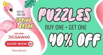 Bright colored puzzle promotion: Buy 1 Puzzle, Get 1 40% Off with promo code JIGSAW40. Shop now for beautifully illustrated puzzles. Limited time offer.