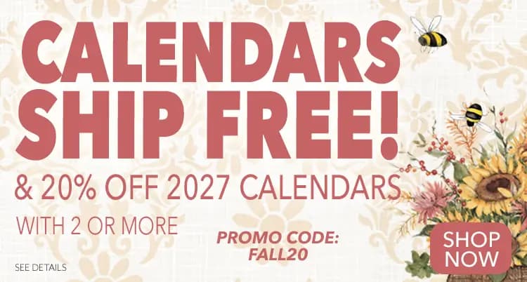 Promo banner offering free shipping & 20% off 2027 calendars on orders of 2 or mor 2027 calendars. Use Code FALL20