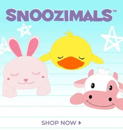 Snoozimals plush animals including a bunny, axolotl, duck, and cow on a light blue background – Shop Now