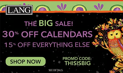 One day only big sale banner with owl and tree graphics — 30% off calendars and 15% off everything else using code THISISBIG.