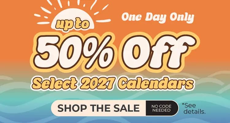 Promo banner offering up to 50% select 2027 calendars. No Code Needed!