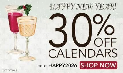 Promo banner offering 30% off calendars with code HAPPY2026.