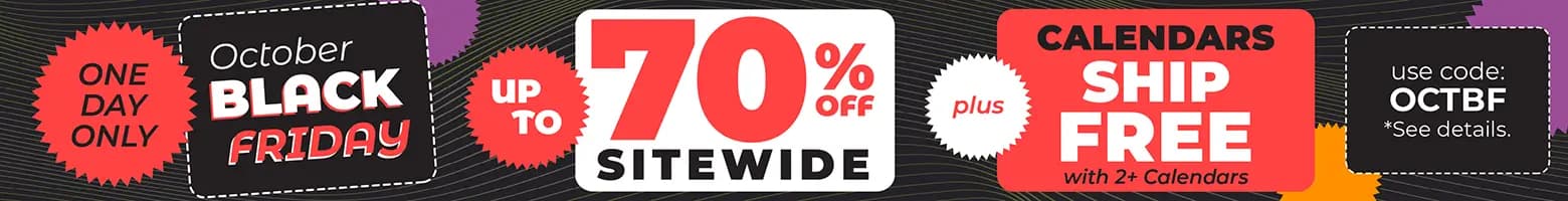 October Black Friday sale banner — one day only, up to 70% off sitewide plus free shipping on 2 or more calendars with code OCTBF.