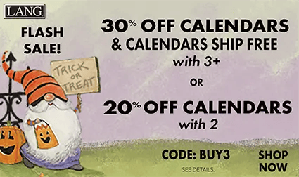 Halloween flash sale banner with gnomes stirring black cauldrons and pumpkin illustrations — buy 3 calendars for 30% off with free shipping or buy 2 calendars for 20% off using code BUY3.