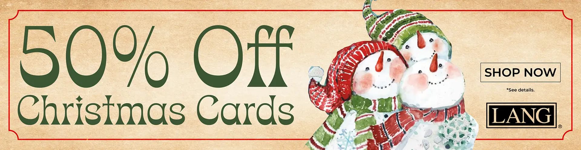 Promo banner offering 50% off Christmas Cards, no code needed