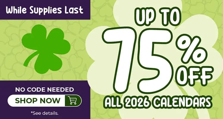 Promo banner offering up to 75% off all 2026 calendars, no code needed.