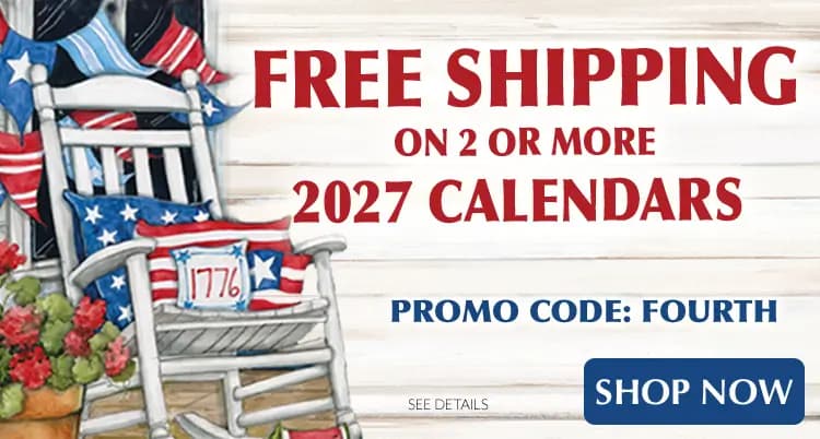 Promo banner offering free shipping on 2 or more 2027 calendars with code: FOURTH