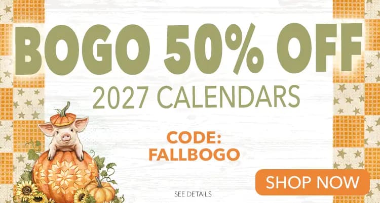 Promo banner offering buy one calendar and get one 50% off with code FALLBOGO