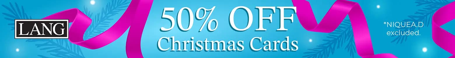 LANG holiday sale — 50% off Christmas cards with festive blue background, pink ribbon, and evergreen accents; excludes NIQUEA.D cards.