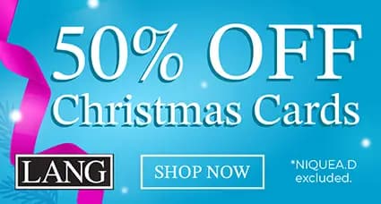 LANG holiday sale — 50% off Christmas cards with festive blue background, pink ribbon, and evergreen accents; excludes NIQUEA.D cards.