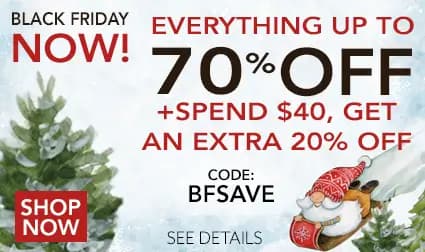 Black Friday Sale – Graphics of a gnome sliding down a snowy hill on a sled near pine trees in a folk art style. Everything up to 70% off plus an extra 20% off orders of $40 or more with code BFSAVE. One day only!