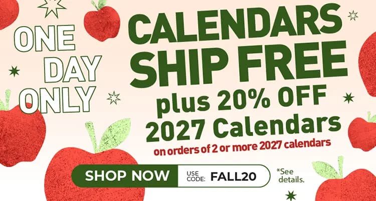 Promo banner offering free shipping & 20% off 2027 calendars on orders of 2 or mor 2027 calendars. Use Code FALL20